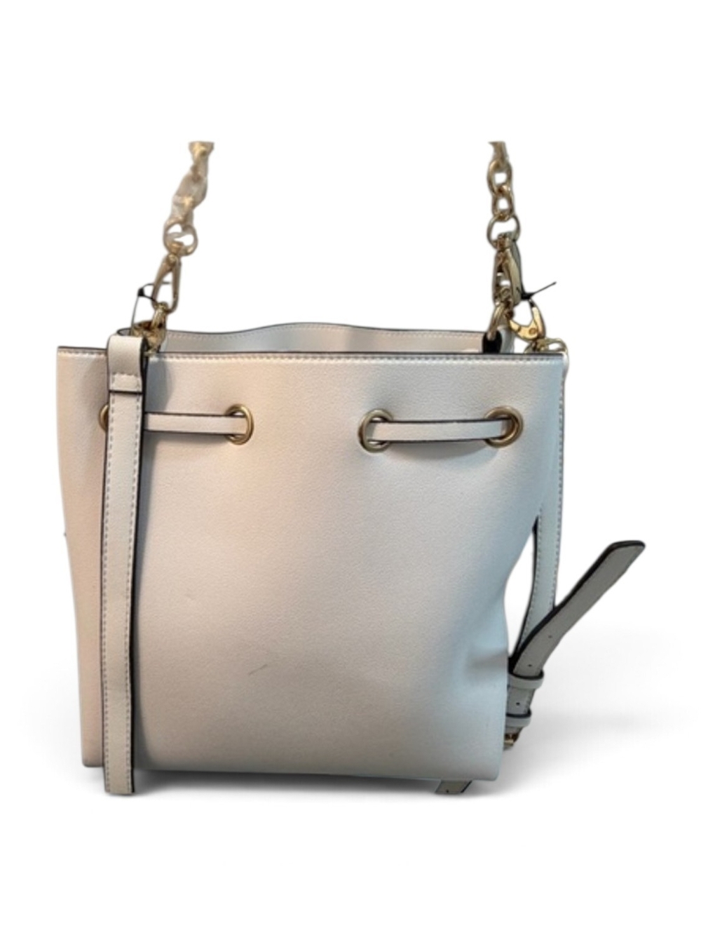 GUESS Cream Leather Drawstring Bucket Shoulder Bag with Gold Chain - Picture 4 of 5